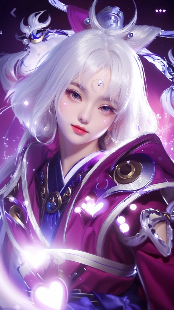 a woman with white hair and a purple outfit holding a heart, portrait knights of zodiac girl, onmyoji portrait, onmyoji detailed art, white haired deity, onmyoji, anime fantasy illustration, beautiful character painting, by Yang J, beautiful celestial mage, detailed digital anime art, sakimi chan, zhongli from genshin impact, amaterasu