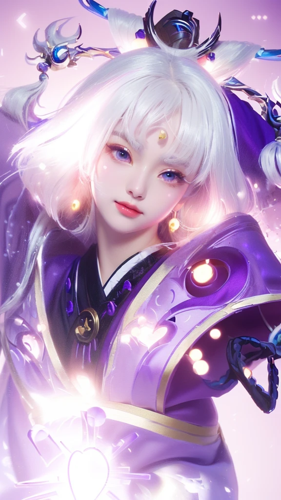 a woman with white hair and a purple outfit holding a heart, portrait knights of zodiac girl, onmyoji portrait, onmyoji detailed art, white haired deity, onmyoji, anime fantasy illustration, beautiful character painting, by Yang J, beautiful celestial mage, detailed digital anime art, sakimi chan, zhongli from genshin impact, amaterasu