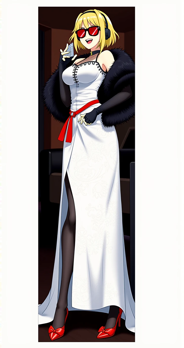 A stylized anime character with blonde hair and red accents, wearing oversized red sunglasses. She is dressed in a long, elegant, white dress with intricate patterns and a high slit, complemented by a black jacket trimmed with fur. Her accessories include a red belt, long black gloves, and distinctive red-heeled shoes. The character poses confidently, holding a small, metallic object in one hand, In the room playing PC, using headset, laughing