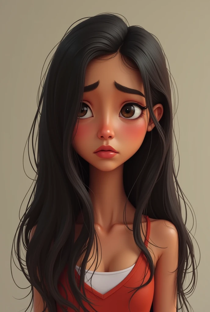 Brazilian woman with straight hair sad because it's dry. Pixar-style