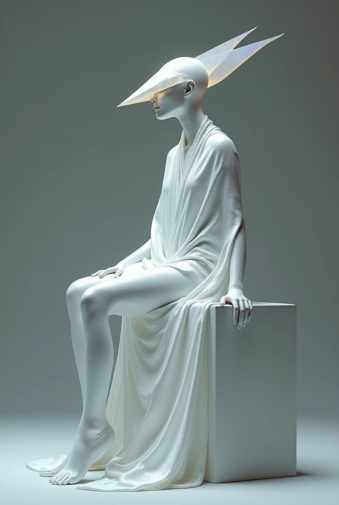 A figure draped in a shimmering white garment with a unique geometric pattern. The garment has a pointed, elongated structure extending from the head, resembling a helmet or mask. The figure is seated, with one leg extended forward and the other bent. The background is muted, emphasizing the figure and the garment., fashion
