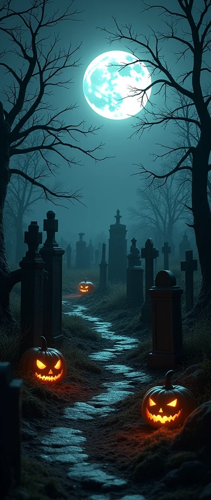 A realistic Halloween background with a dark, moonlit graveyard, crooked tombstones, a few scattered jack-o'-lanterns, and leafless trees silhouetted against the night sky