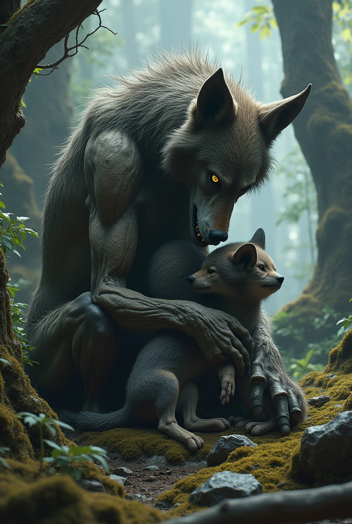 Create a wild-type image of a female werewolf caring for her cubs