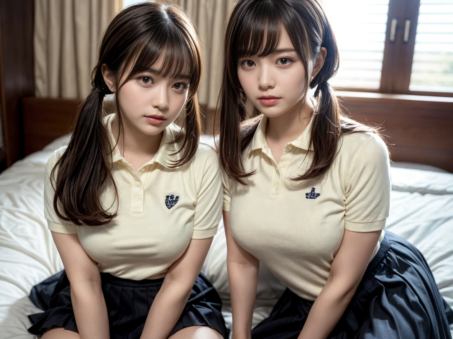 (high quality)、(high resolution)、Two junior high school students、Looking at me with a smile、whole body、Big Breasts、See-through sleeveless shirt with buttons and collar、Tight mini skirt、Erect nipples、I can see your belly、Lie on your back on the bed