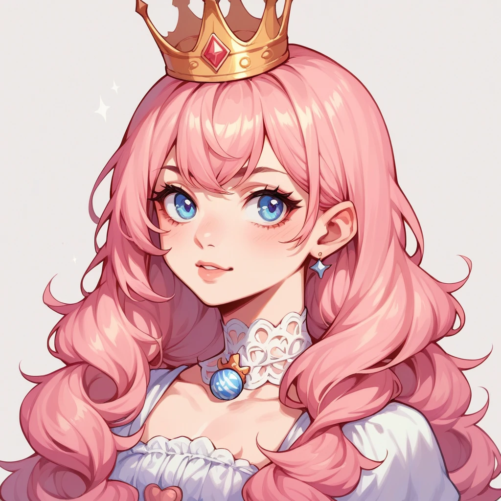 thick outlines, comic character, headshot, 1girl, pink long hair, bangs, in a crown, magical candy backround, sparkling, sweet world, candies world