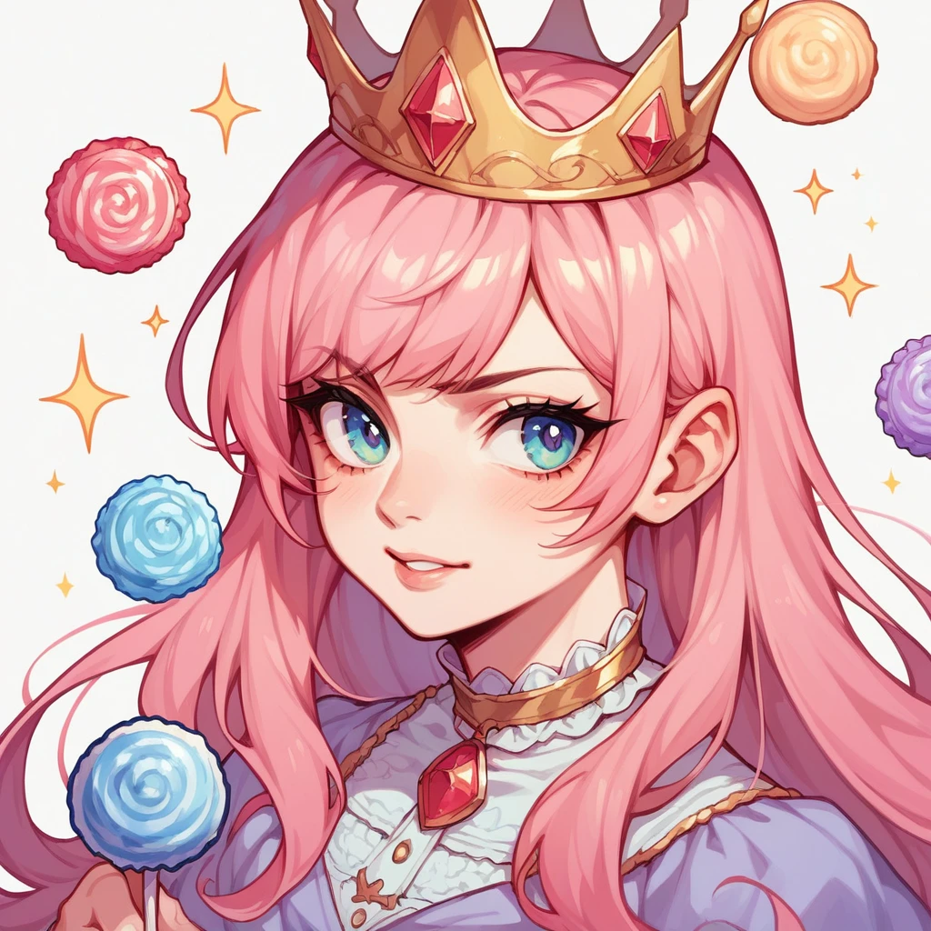 thick outlines, comic character, headshot, 1girl, pink long hair, bangs, in a crown, magical candy backround, sparkling, sweet world, candies world