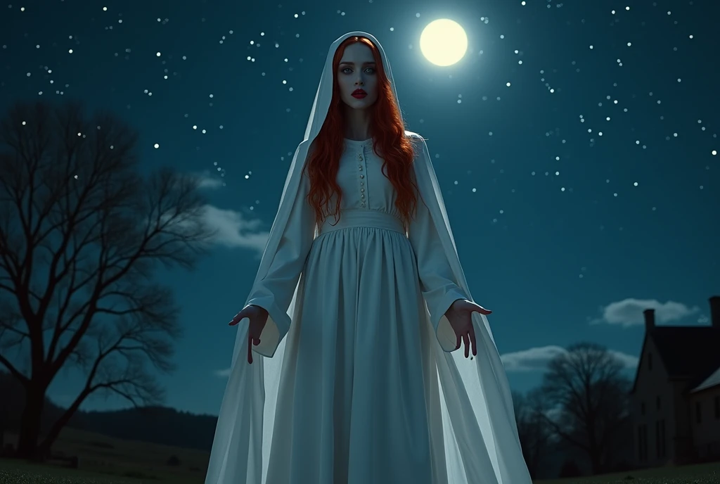 (no nudity: 1.5), a picture of an exquisite beautiful female nun vampire standing under the starry night sky on the porch of her monastery, (pale skin: 1.3), red hair, wavy hair, dynamic eyes color, cold eyes, glowing eyes, intense eyes, dark red lips, ((fangs: 1.1)), wearing (white nun uniform: 1.3), long cloak, flowing cloak, wearing (high heeled boots: 1.3), sky full of stars background, moon, action shot, high details, best quality, 16k, ((ultra detailed: 1.5)), masterpiece, best quality, portrait shot, photorealism, dark fantasy art, gothic art, many stars, sense of dread, GlowingRunesAI_red, Cinematic Hollywood Film style, , dark novel, Cinematic Hollywood Film style