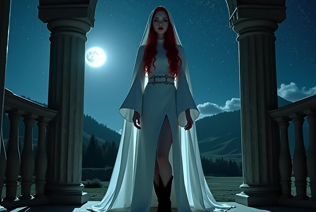 (no nudity: 1.5), a picture of an exquisite beautiful female nun vampire standing under the starry night sky on the porch of her monastery, (pale skin: 1.3), red hair, wavy hair, dynamic eyes color, cold eyes, glowing eyes, intense eyes, dark red lips, ((fangs: 1.1)), wearing (white nun uniform: 1.3), long cloak, flowing cloak, wearing (high heeled boots: 1.3), sky full of stars background, moon, action shot, high details, best quality, 16k, ((ultra detailed: 1.5)), masterpiece, best quality, portrait shot, photorealism, dark fantasy art, gothic art, many stars, sense of dread, GlowingRunesAI_red, Cinematic Hollywood Film style, , dark novel, Cinematic Hollywood Film style