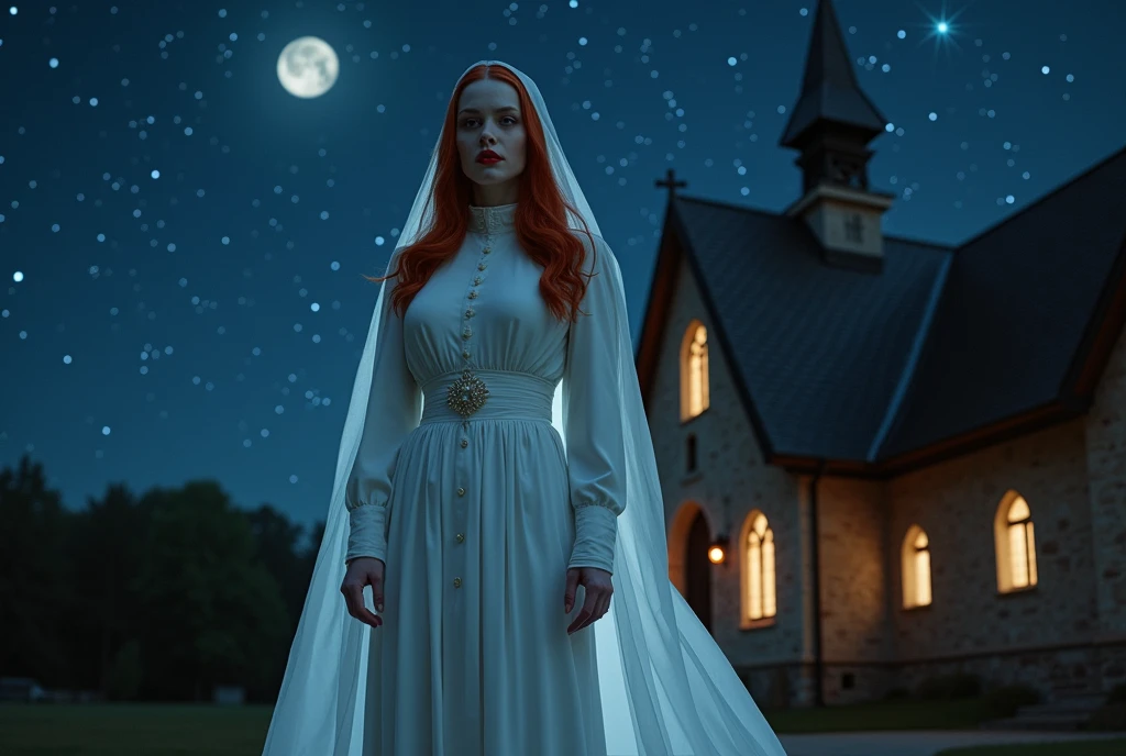 (no nudity: 1.5), a picture of an exquisite beautiful female nun vampire standing under the starry night sky on the porch of her monastery, (pale skin: 1.3), red hair, wavy hair, dynamic eyes color, cold eyes, glowing eyes, intense eyes, dark red lips, ((fangs: 1.1)), wearing (white nun uniform: 1.3), long cloak, flowing cloak, wearing (high heeled boots: 1.3), sky full of stars background, moon, action shot, high details, best quality, 16k, ((ultra detailed: 1.5)), masterpiece, best quality, portrait shot, photorealism, dark fantasy art, gothic art, many stars, sense of dread, GlowingRunesAI_red, Cinematic Hollywood Film style, , dark novel, Cinematic Hollywood Film style