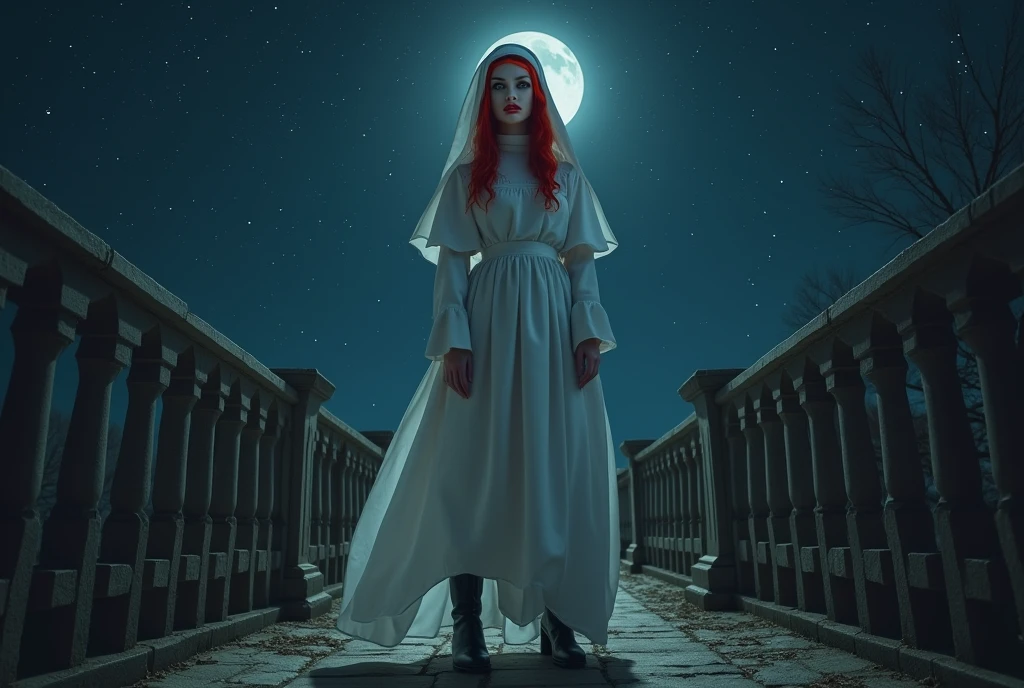 (no nudity: 1.5), a picture of an exquisite beautiful female nun vampire standing under the starry night sky on the porch of her monastery, (pale skin: 1.3), red hair, wavy hair, dynamic eyes color, cold eyes, glowing eyes, intense eyes, dark red lips, ((fangs: 1.1)), wearing (white nun uniform: 1.3), long cloak, flowing cloak, wearing (high heeled boots: 1.3), sky full of stars background, moon, action shot, high details, best quality, 16k, ((ultra detailed: 1.5)), masterpiece, best quality, portrait shot, photorealism, dark fantasy art, gothic art, many stars, sense of dread, GlowingRunesAI_red, Cinematic Hollywood Film style, , dark novel, Cinematic Hollywood Film style