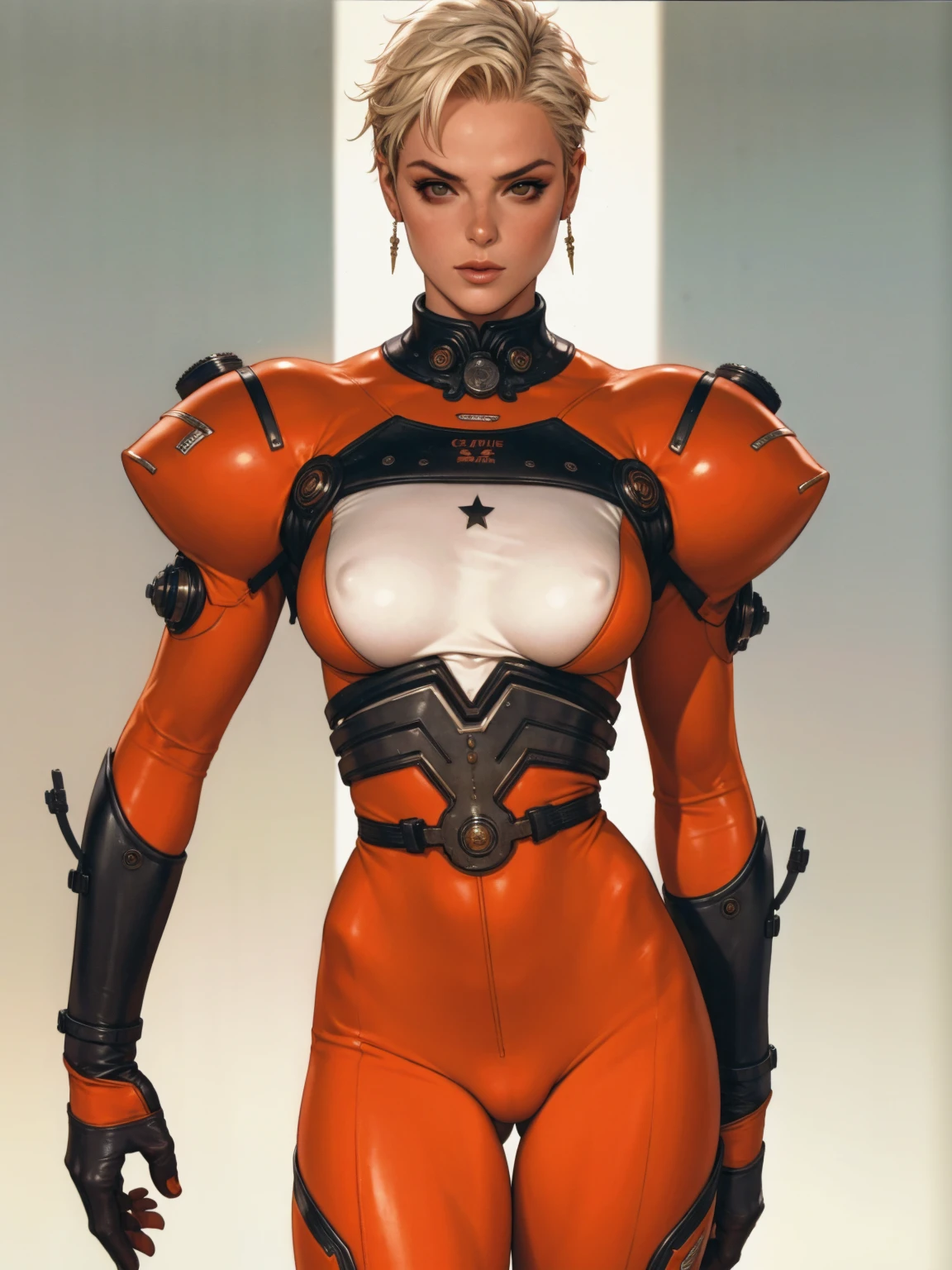 (((Brigitte Nielsen))), (((back view))), (((perfect ass))), (((RED SUIT with yellow stars))), ((muscle)), ((( soldier suit ))), (((white short haircut))), (((Russian girl))), ((high collar)), (((red army suit))), (((best qualityer: 1.4))), (Unbeatable masterpiece), (hiper HD),(CG 8k hyper-realistic), (((brave face))), (((breasts big))), (((hyper feminine))), sexly girl, ((( sculptural body ))), (((1 Kizi))), Kizi cibernética de 25 anos com perfectbody,,Beautiful and well-groomed face,muscular body:1.2,solid color detailed jacket, (Head to thigh photos)， Complex equipment, green dark，Long pants，Tight clothes are dark，With white stars and off-white stripes,,,,,Armor Metal Electronic Parts, Poison tattoos ) INFO, Kizi, (((standing alone))), pirralha violent, ((())), sexly, pose de atitude, work of art, post-apocalypse, (((manga style))), bounty hunter, violent, Manic, the way you want, slenderbody, thin but strong, perfectbody, roupa moderna, advanced technology, neon, sleeves with vertical striped pattern, neutral background, (( cowboy shot )). intricate visual