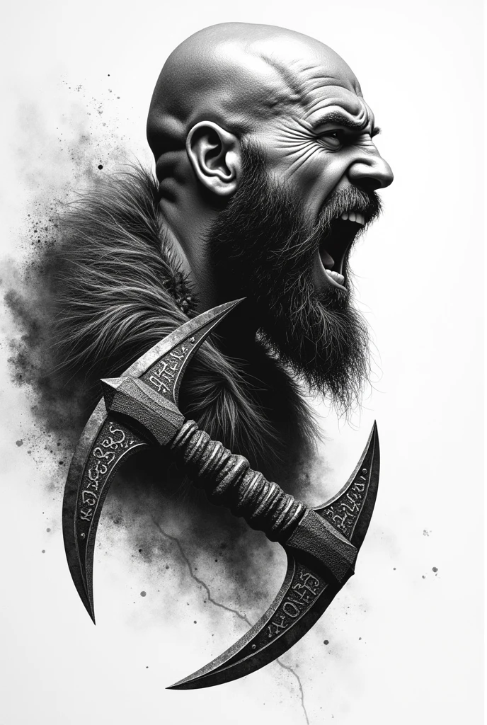 Create a black and white tattoo of a Viking in pointillism profile screaming with Viking runes and sharp axes for a tattoo