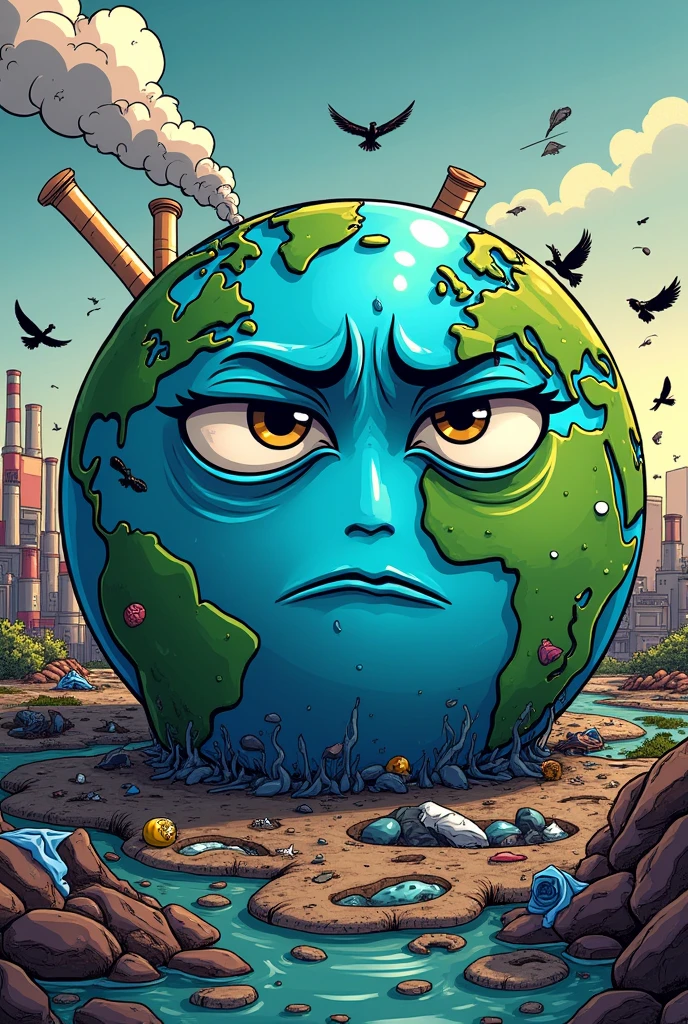 Planet Earth in comic form with sad face and pollution on top