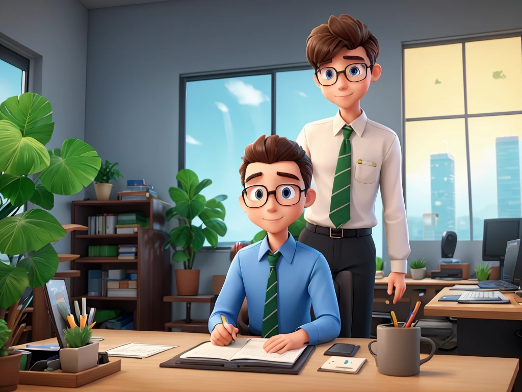 virtual assistant at an environmental consulting firm, Young guy, his name is Heneco and he is from nature, has regional characteristics and in a cheerful corporate environment, brightly lit with a broad view, 8K High Definition.