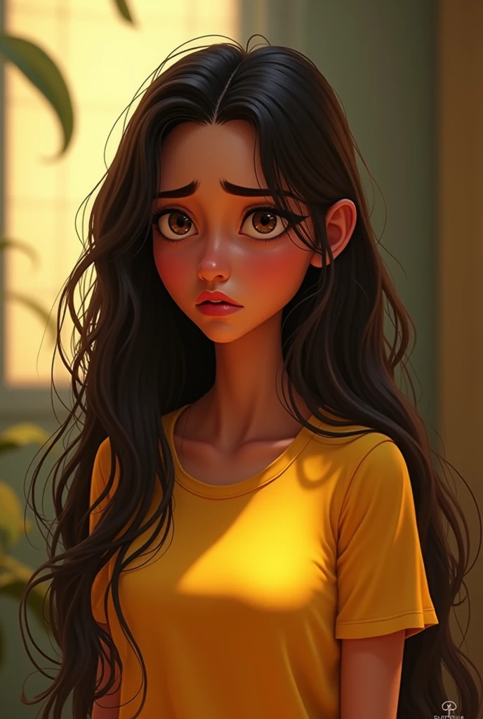 Brazilian woman with straight hair sad because it's dry. Pixar-style. shirt Yellow