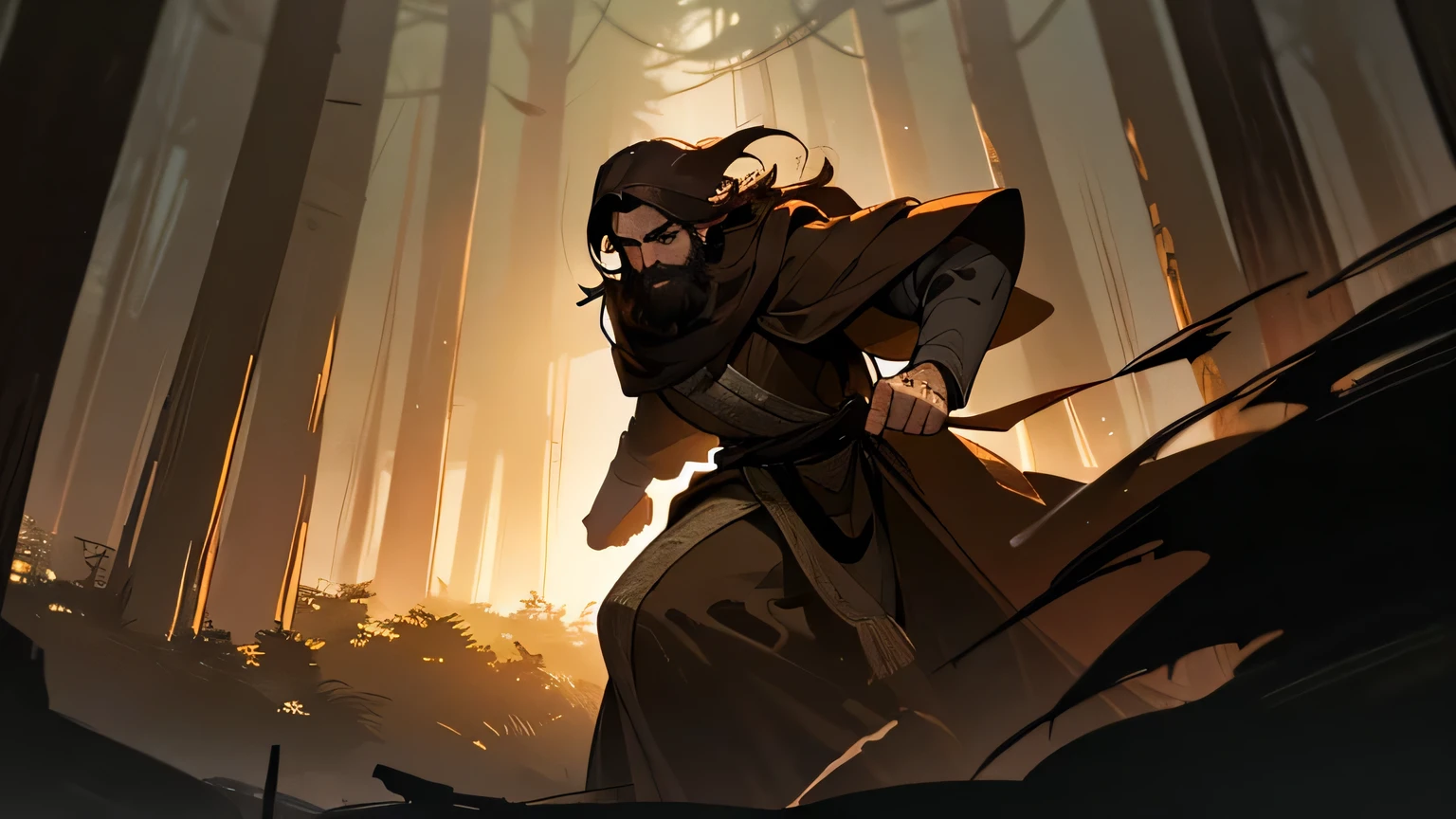 Scared man with dark brown beard, long dark brown hair, light yellowish brown eyes and dark brown and light brown robe from the 4th century BC, with a light brown cloak, about 50 years old, running in a dark and mysterious forest at night, running in the forest, moody lighting, hyper-realistic cinematic lighting,