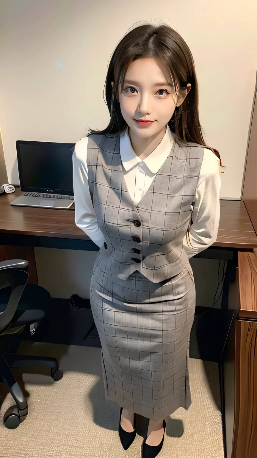 Full body photo、25 year old bank employee、Brown Hair、Straight long hair、beautiful and detailed brown eyes、beautiful flat chest、beautiful, Beautiful Skin、Mid-chest、Office Worker Uniform、Crew neck cut and sew shirt and grey checked vest。A dark gray pencil skirt for a knee-length Office Worker Uniform、Black pumps、、Embarrassed face,surprise,