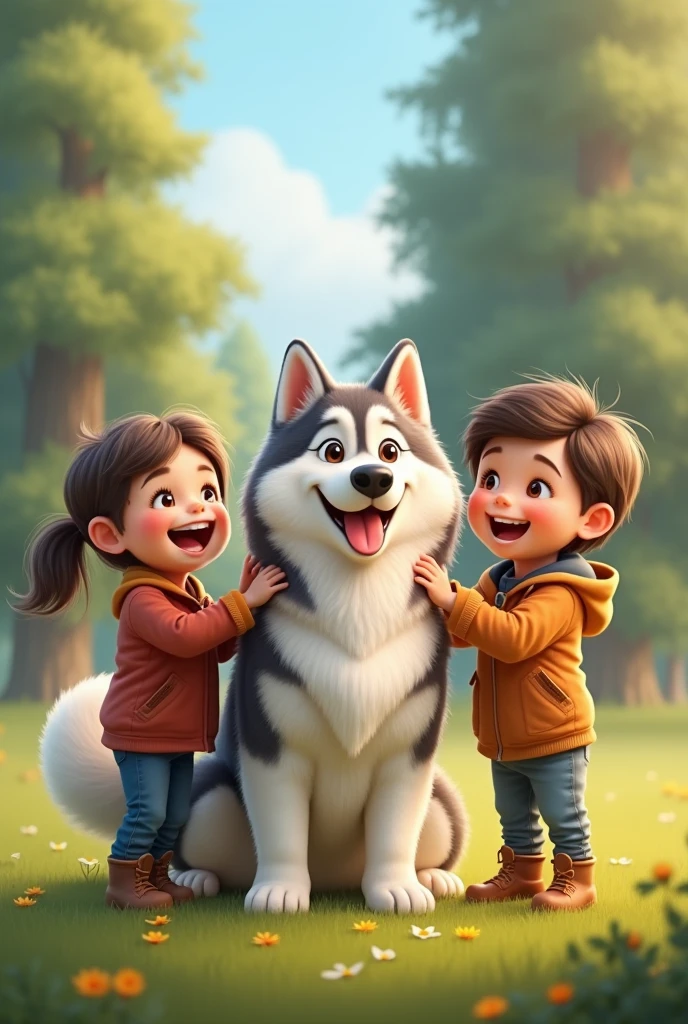 Two children and a Siberian dog 
