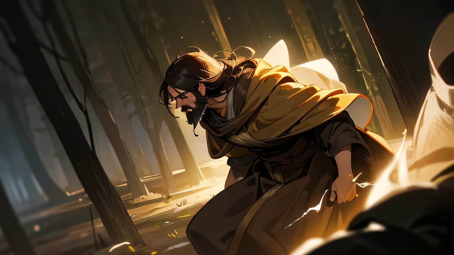 Scared man with dark brown beard, long dark brown hair, light yellowish brown eyes and dark brown and light brown robe from the 4th century BC, with a light brown cloak, about 50 years old, running in a dark and mysterious forest at night, running in the forest, moody lighting, hyper-realistic cinematic lighting,