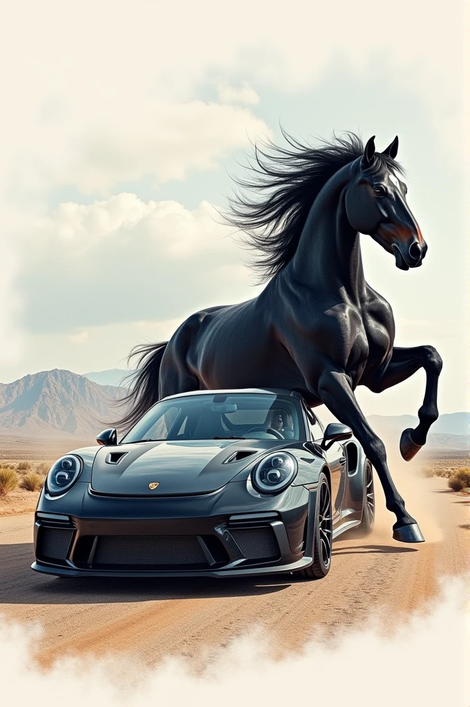 Drawing that combines a Porsche 911 GT3 car and a black horse 