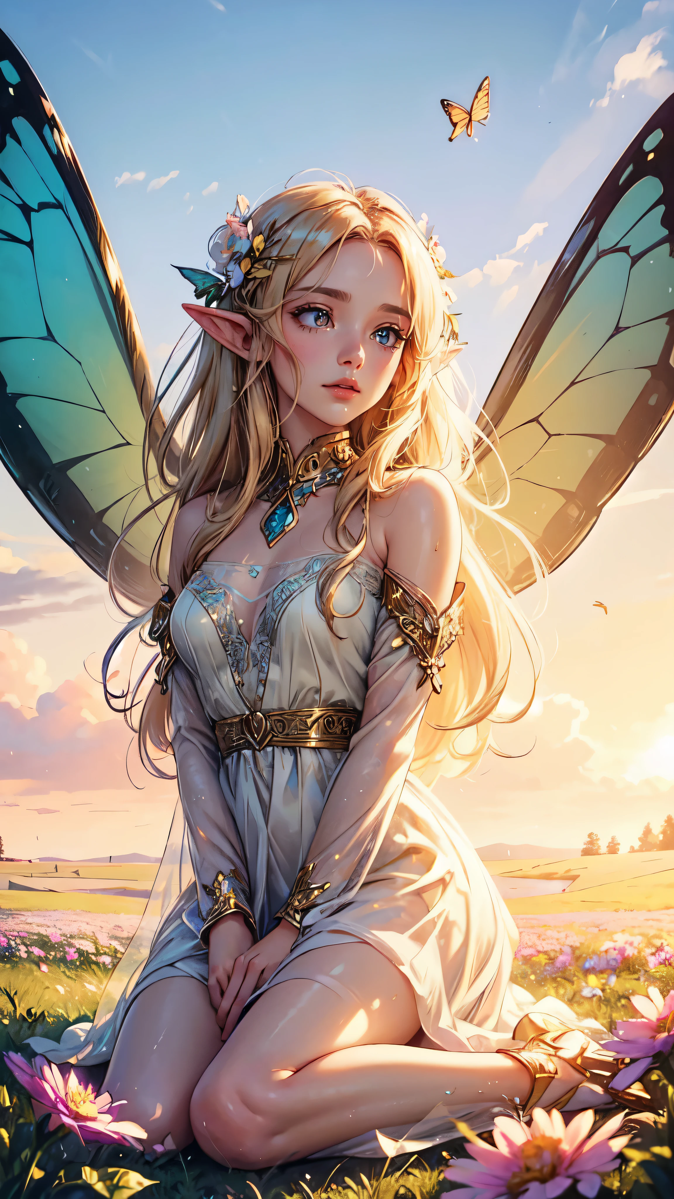 "((Innocent)) girl, golden hour, dreamy meadow, ethereal, whimsical, flowing dress, soft sunlight, enchanting, butterfly wings, (pastel clouds), liquid reflections,detailed,detailed eyes, elf woman, flowers, wet hair,full body,detailed face, detailed hands