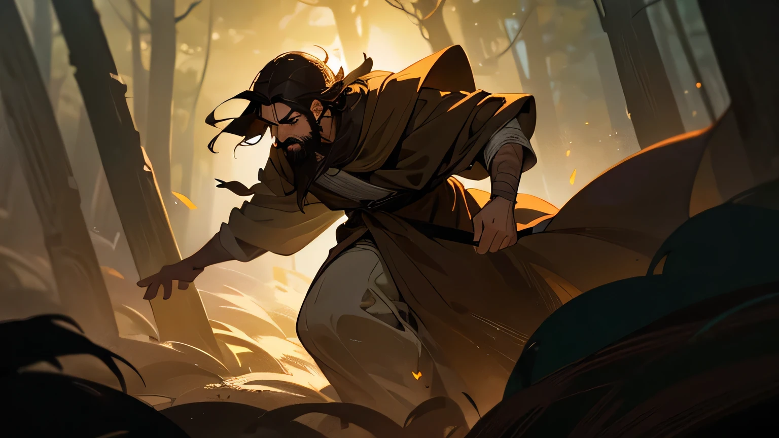 Scared man with dark brown beard, long dark brown hair, light yellowish brown eyes and dark brown and light brown robe from the 4th century BC, with a light brown cloak, about 50 years old, running in a dark and mysterious forest at night, running in the forest, moody lighting, hyper-realistic cinematic lighting,