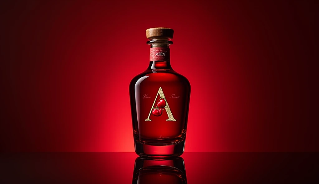create a glass bottle for a cherry liqueur company, the name is: Cherry Rubi. What should convey: elegance and sophistication. logotype: an 'A' with a cherry.