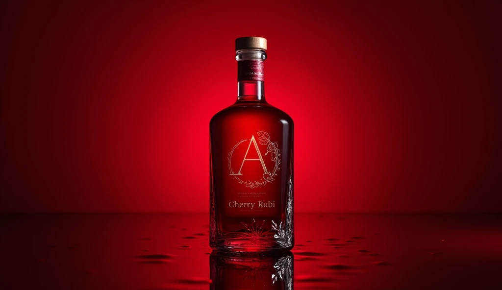 create a glass bottle for a cherry liqueur company, the name is: Cherry Rubi. What should convey: elegance and sophistication. logotype: an 'A' with a cherry.