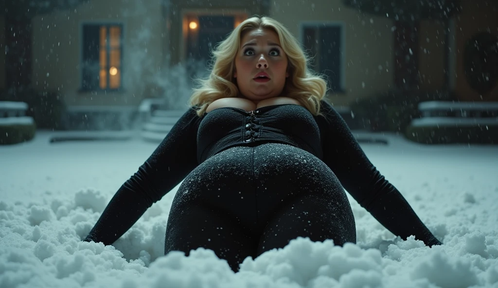 Big butt , butt nude , She is in profile and her head and body are perfectly proportioned. , A stunning high-definition cinematic image of a June Haver -esque girl, dressed in a tight, black robber suit, in the courtyard of a grand country house at night. She is on all fours, buried in snow, with only her head and her curvaceous, snow-covered bottom visible. A large, charred hole in her pants exposes her butt , and smoke billows from the affected area. Her eyes widen in astonishment and pain, her mouth forming a perfect "O" in a classic slapstick comedy scene. The background is shrouded in darkness, with snow falling gently and highlighting the girl's striking features and her stunning, voluptuous figure., cinematic