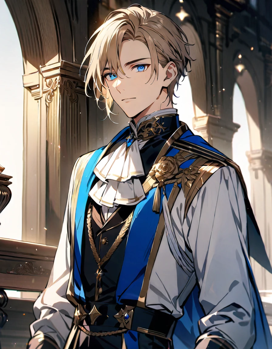 (Highest quality), (Very detailed),so beautiful, ((1 boy)), light brown hair, detailed blue eyes, handsome, noble clothes, noble uniform 