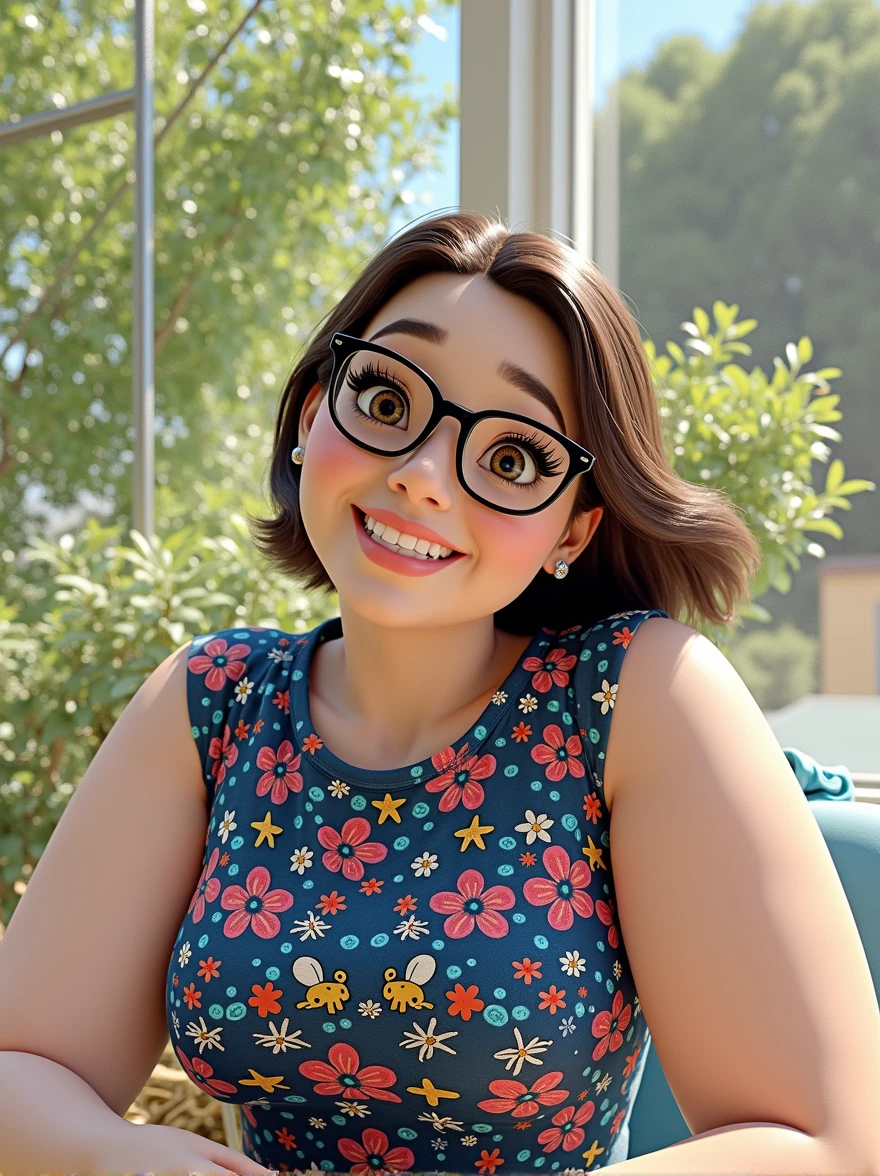 Pixar style image with 3D character black glasses brunette woman short hair violet, Maquiagem Disney, t-shirt coloried, sorridente ,Close-up, Pixar, Disney, Cinema lighting,