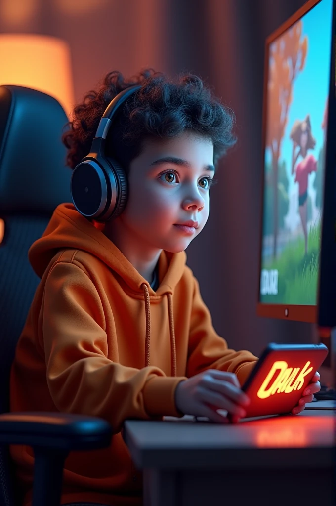 Create A 3D Realistic image of a Boy sitting in gaming room on gaming chair and playing on pubg application on his pc. The boy must wear dark orang hoodie headphones And his name "falinTDMxDAKU " is Written on his phone with orange colour neon light.