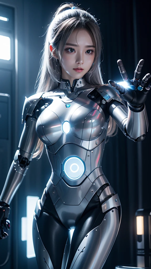 Android、beautiful girl、Metal Body、robotic hand、Glowing silver