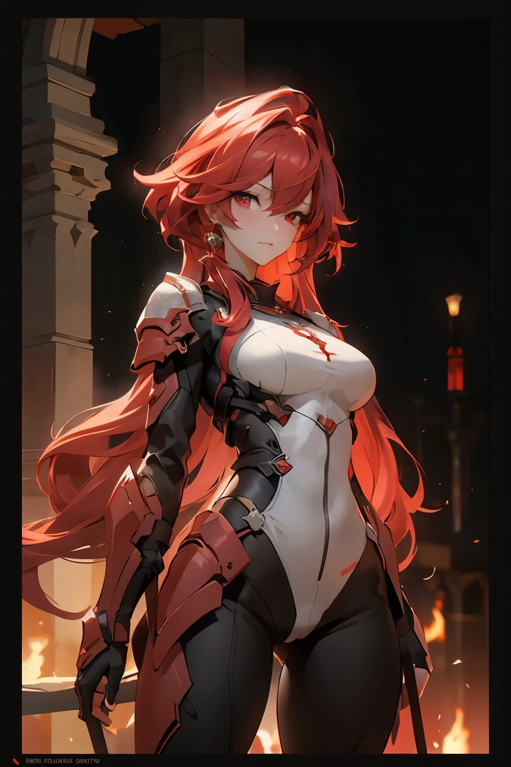 ((best quality)), ((Masterpiece)), (details:1.4), 3d, HDR (high dynamic range), amature woman, SLEEK Style, Red hair, Red eyes, จมูกโด่ง, ปากแดง, หน้าอกใหญ่, nvidia RTX, PBR surface, After processing, Anisotropic filtration,depth of field, Maximum clarity and clarity, multi-layered surface, Subsurface scattering, perfect proportions, 8K raw files, ความละเอียดสุดยอด, Unreal 5, Perfect proportions, Octane Render, Two-tone lighting, Wide aperture, Low ISO, รายละเอียดดวงตา, Holy Knight, Heavy Red armor, jewely, ต่างหู