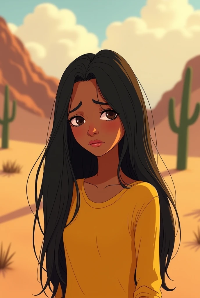 Brazilian woman with straight hair sad because it's dry. Pixar-style. shirt Yellow. Desert scenery