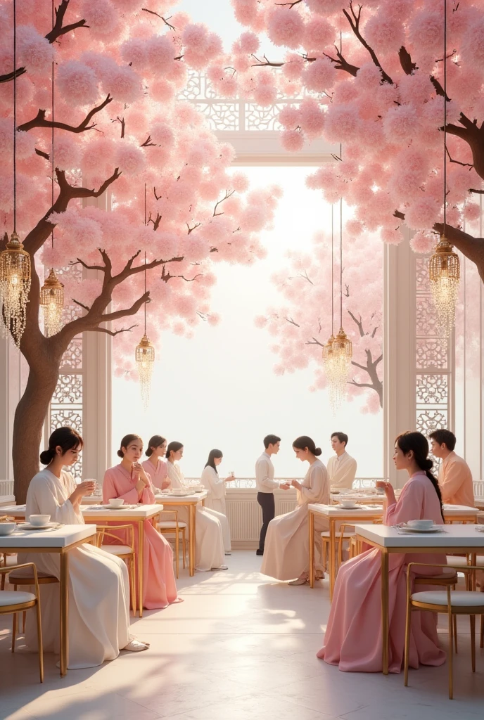 Cherry blossom themed cafe, white and gold rose 
