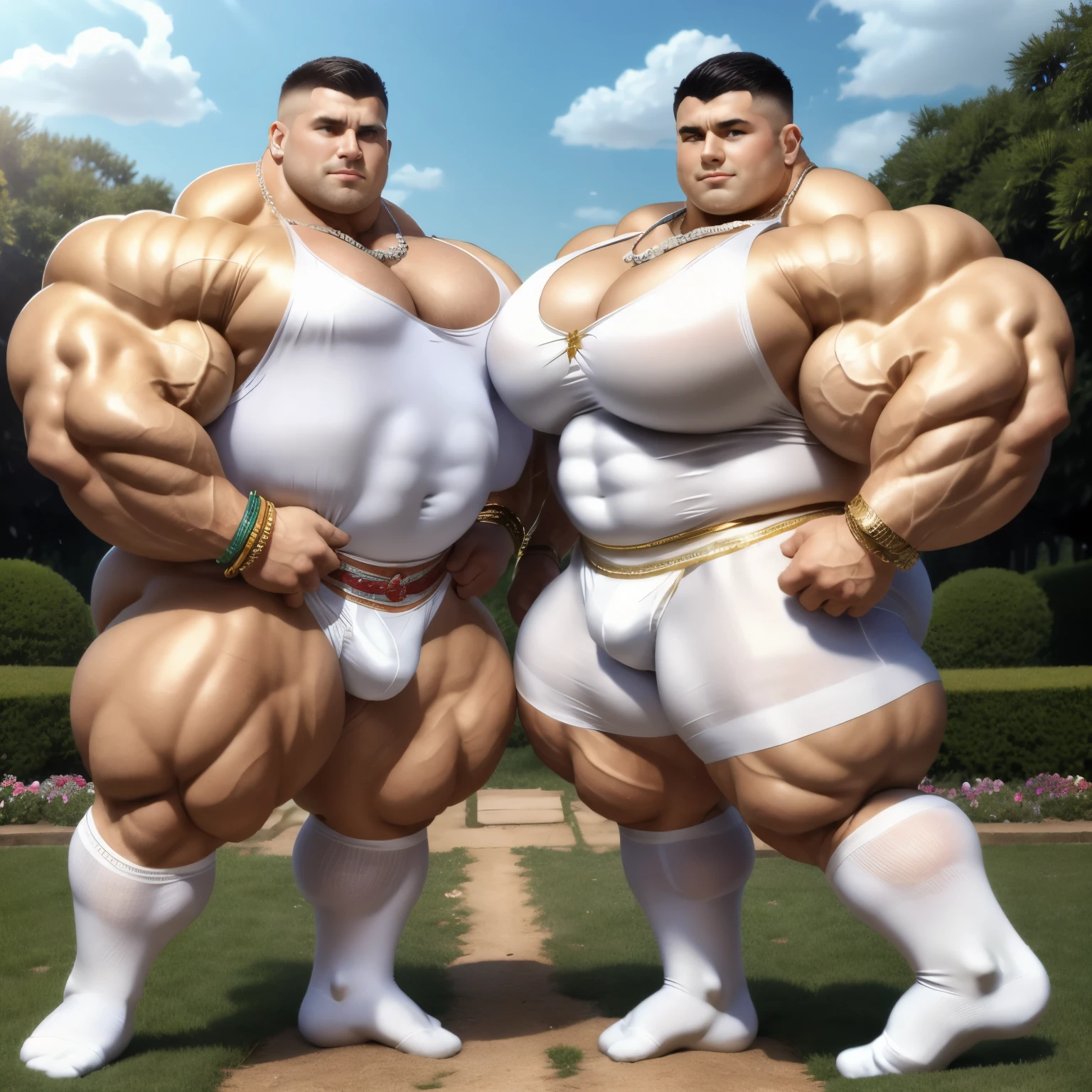 full view, full body, 2 big over-muscular bodybuilded white men with undercut haircuts, wearing regencey era silk clothing and white silk thigh-highs, in white silk shiny socks, No shoes, dozens of golden rings, necklaces, bracelets, white Shirts with laces unbuttoned showing over-inflated pecs and abs. Sleeves extremly tight around big bulbous over-inflated biceps. Handsome. Both Screaming and crawling on their stomachs onthe ground, beaten, with marks of blows on face,  in an elaborate garden 'à la française', . white silky socks must be seen