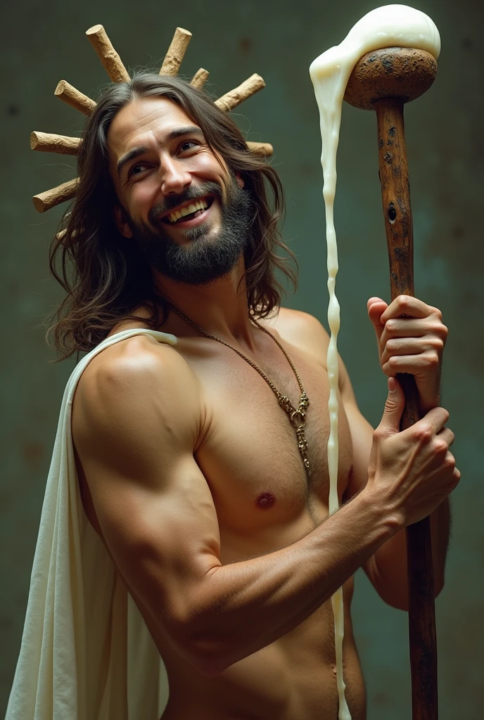 A hot Jesus is holding a long black veiny staff that has a end that is formed like a nut. Out of that nut comes a white sticky and slimy substances that covers the hot Jesus while he smiles