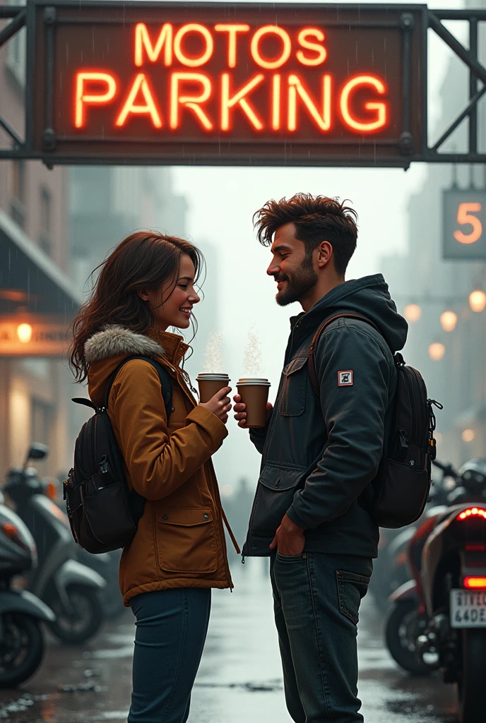 man and woman standing, after arriving from the street with their motorcycles, wet clothes, to park their motorcycles in the parking lot called MOTOS PARKING, both smiling, drinking a cup of hot coffee.