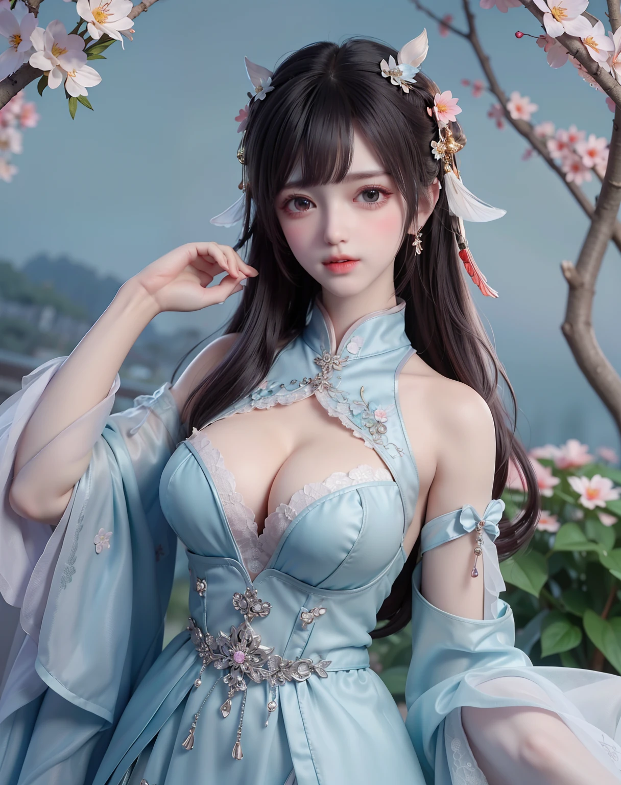 (8k, RAW photo:1.2), best quality, ultra high res,dramatic angle,(fluttered detailed color splashs), (illustration),(((1 girl))),(long hair),(rain:0.9), (Headdress:1.4),There is an ancient palace beside the girl,Hanfu,(Key Points),Color ink painting,(Splash of Color),Splash of Color,(((colorful))),(sketch:0.8) , Masterpiece, best quality, beautiful painted, highly detailed,(denoising:0.6),[splash ink],((ink refraction)), (beautiful detailed sky),moon,highly,detaild,(masterpiece, best quality, extremely detailed） CG Unity 8k Wallpaper，masterpiece，best quality，Ultra Detailed），（Lycoris）. hanfu open v open V-chested clothes Thin silk lace dress , (huge ，cleavage),, white pink and gren，best qualtiy，tmasterpiece，Ultra-high resolution，（Reality：1.4），RAW photogr，（True skin texture：1.3），（filmgrain：1.3），（Selfie angle），1个Giant Breast Girl，Beautiful eye and face details，tmasterpiece，Best quality at best，，The chest more exposed， detailed hair, bra purple and green , detail 8k, upper body, lace petticoat