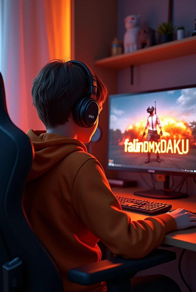 
Create A 3D Realistic image of a Boy sitting in gaming room on gaming chair and playing on pubg application on his pc. The boy must wear dark orang hoodie headphones And his name "falinTDMxDAKU " is Written on his pc with orange colour neon light.
