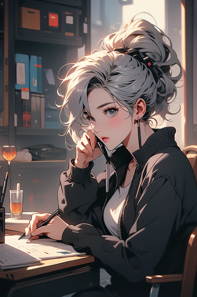 1girl, detective, cyberpunk, dim lighting, cabinet, across the table, holding a pen, gray hair