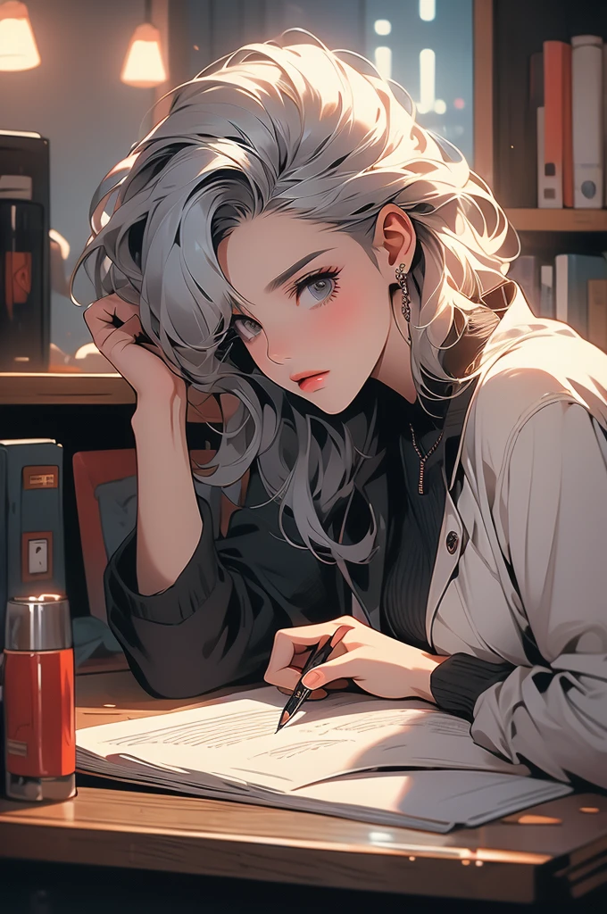 1girl, detective, cyberpunk, dim lighting, cabinet, across the table, holding a pen, gray hair