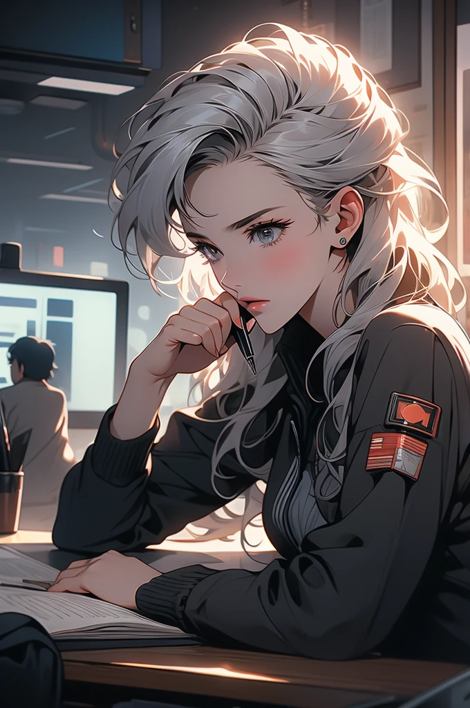 1girl, detective, cyberpunk, dim lighting, cabinet, across the table, holding a pen, gray hair