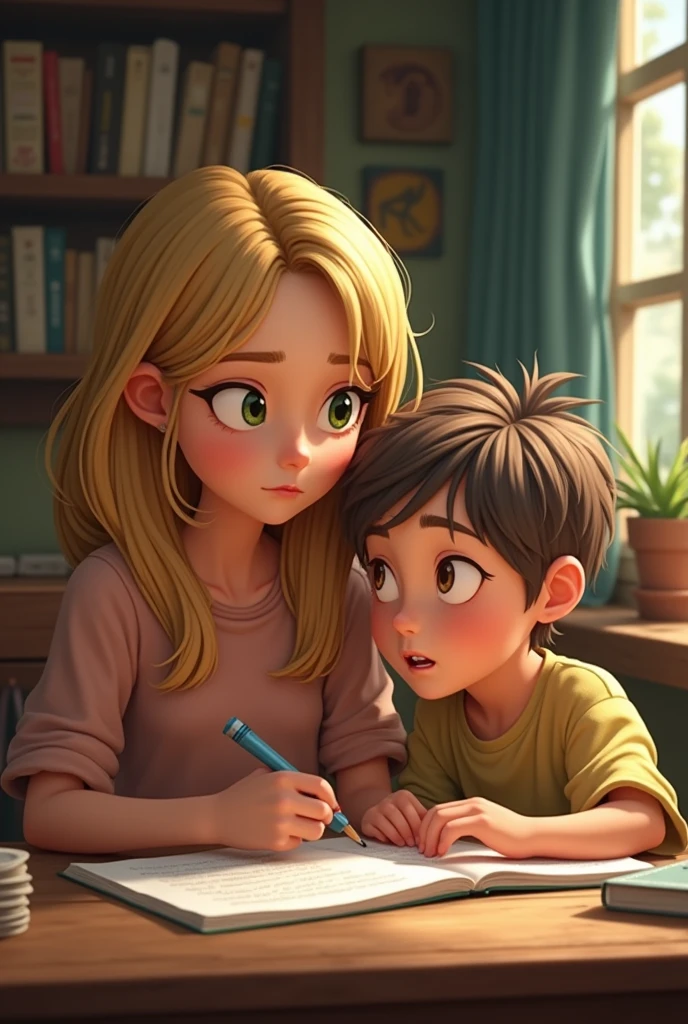 a blondie girl studing spanish with her litle brother, streaked hair, furrowed brow, blind box toy style, depth of field, three sided view, masterpiece