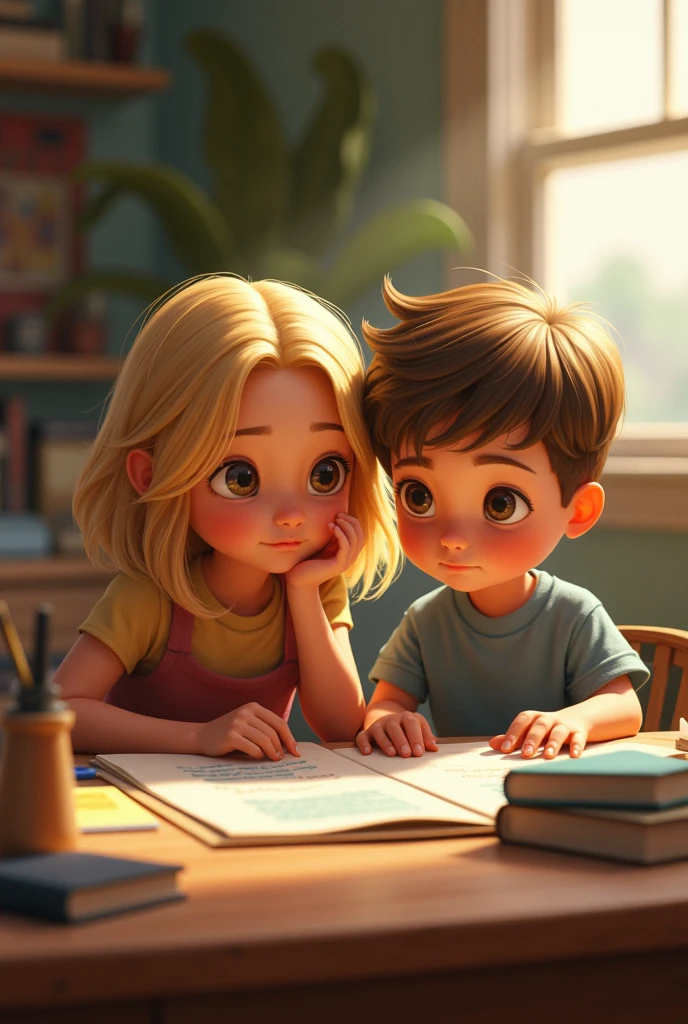 a blondie girl studing spanish with her litle brother, streaked hair, furrowed brow, blind box toy style, depth of field, three sided view, masterpiece