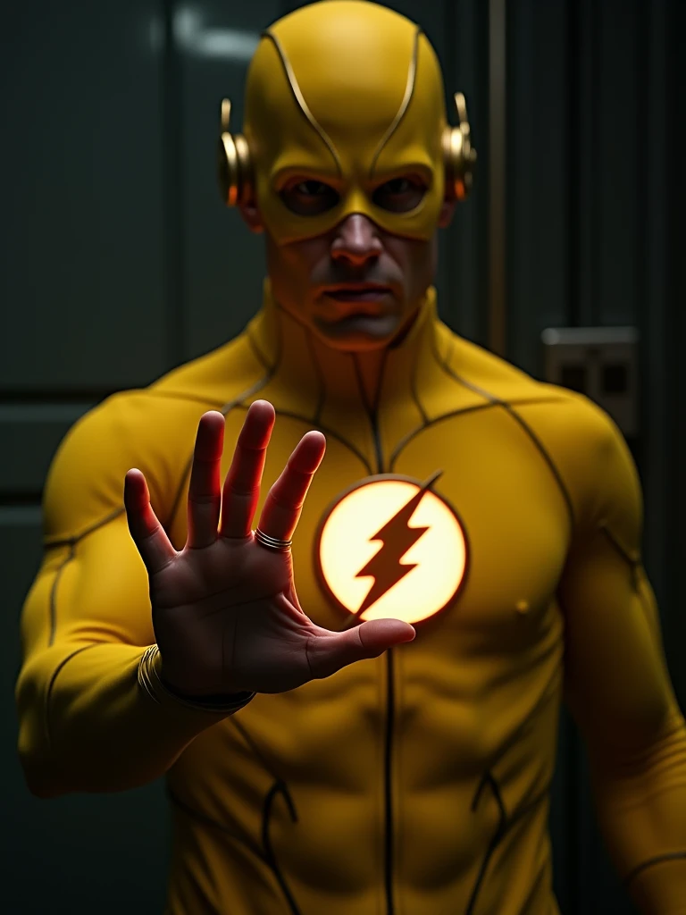 eobard thawne puts on his reverse flash ring in secret
 The ring is gold and the logo are tunder bolt and the suit is yellow and the logo tunder bolt in the chest is black