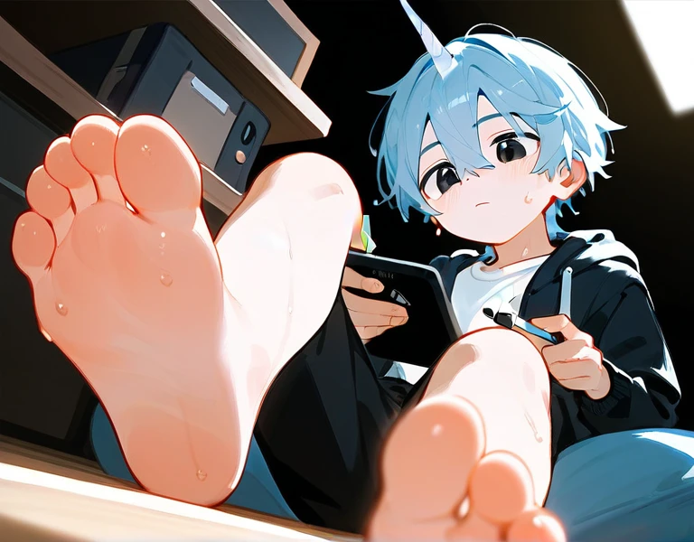 A cute boy is drawing on a tablet.,Hold a pen in your right hand,Show your feet,Low Angle,barefoot, Sweating on the soles of the feet, Foot Focus,White T-shirt, Black Hooded Jacket, There are bangs between the eyes,short hair,Light blue hair, Black pants, Anatomically correct, 头部中间有一个蓝色的Unicorn,Unicorn, black eyes, Look at the audience,bothersome,Sitting on another man'Belly,