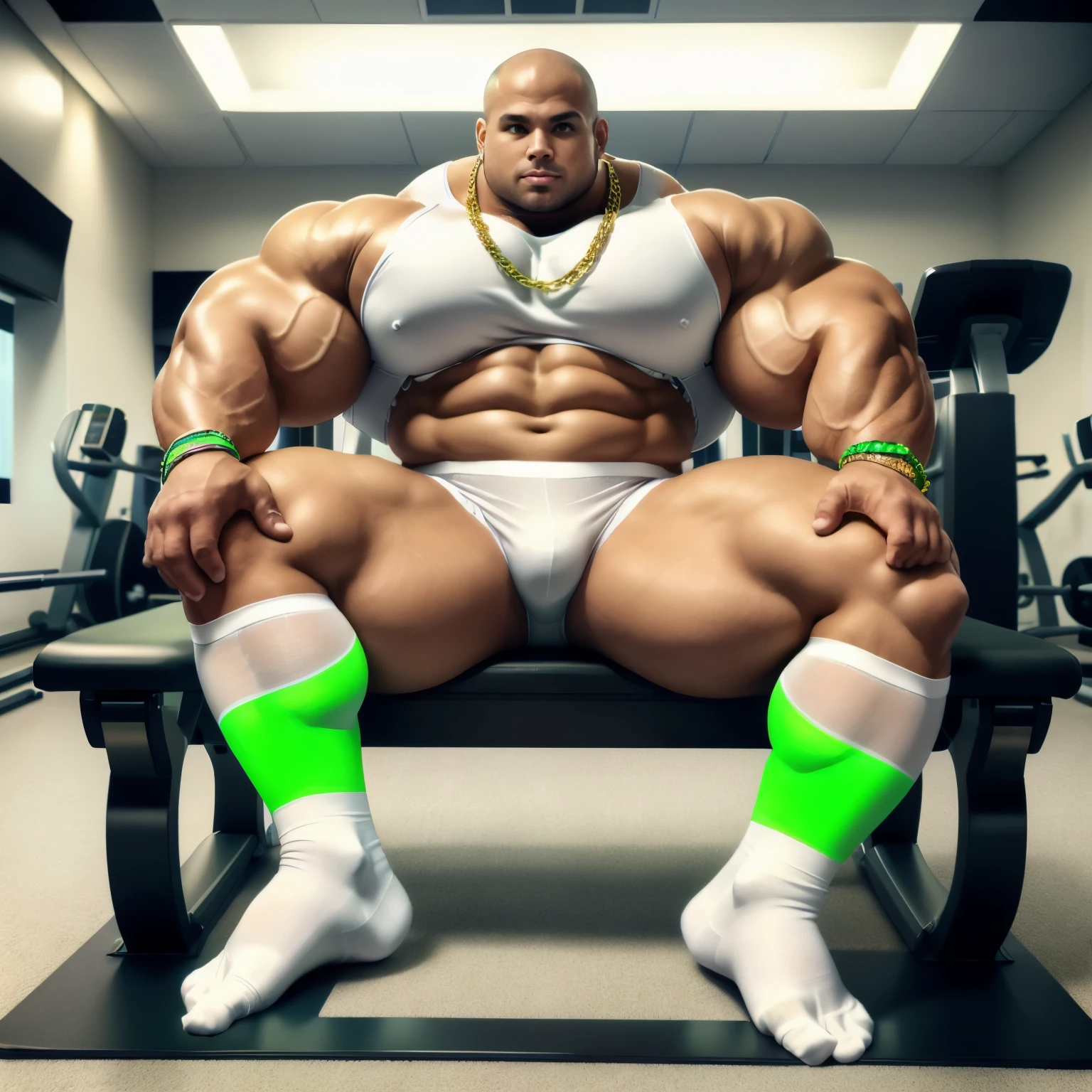 full view, full body, one handsome young artificially tanned white bald over-muscular man in white socks, shirtless wearing neon-green lycra leggings and white sheer electronic socks, no shoes, gold chains, bracelets, rings, arrogantly sitting on bench in his white sheer electronic socks next treadmill in gym, his white sheer professional electronic socks must be seen