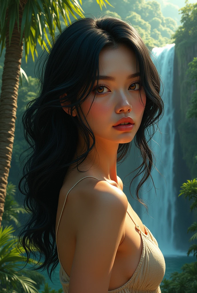 Generate an image of a woman with black churos hair, white skin color, honey-colored eyes and full lips and a background that has a jungle and a waterfall